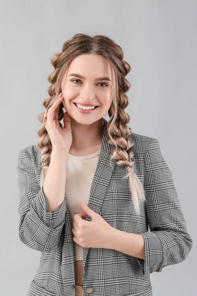 Beautiful Young Woman Braided Hair Grey Background — Stock Photo, Image