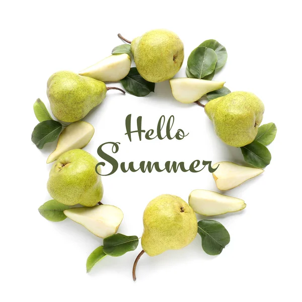 Свіжі Груші Текстом Hello Summer Білому Тлі — стокове фото