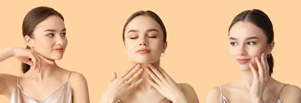 Young Woman Giving Herself Face Massage Color Background —  Fotos de Stock