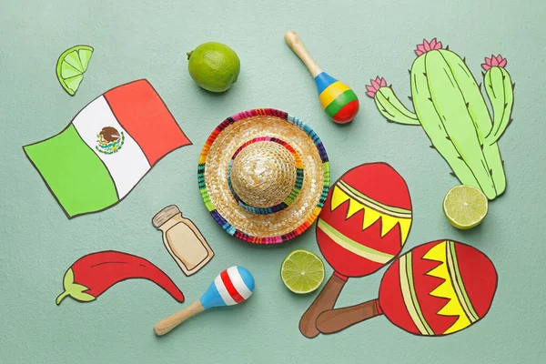 Composizione Con Simboli Disegnati Del Messico Cappello Sombrero Maracas Sullo — Foto Stock