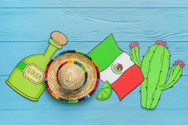Composição Com Símbolos Desenhados México Chapéu Sombrero Fundo Madeira Cores — Fotografia de Stock