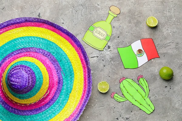 Composition Drawn Symbols Mexico Sombrero Hat Grunge Background — Foto de Stock