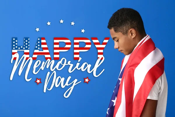 Sad African American Teenage Boy National Flag Usa Color Background — Stock Photo, Image