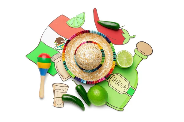 Composição Com Símbolos Desenhados México Com Chapéu Sombrero Maracas Sobre — Fotografia de Stock