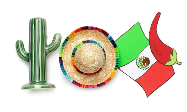 Mexikói Zászló Chili Bors Kaktusz Sombrero Kalap Fehér Alapon — Stock Fotó