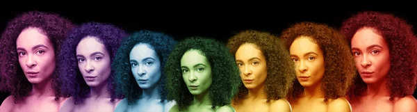 Bella Donna Afro Americana Suoi Campi Energetici Colorati Sfondo Scuro — Foto Stock