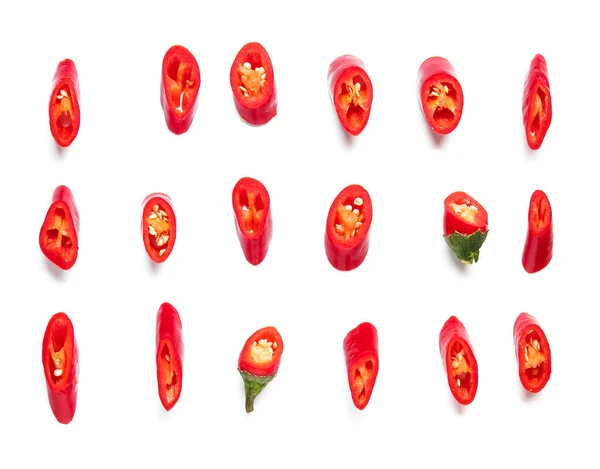 Slices Fresh Chili Peppers White Background — Stock Photo, Image