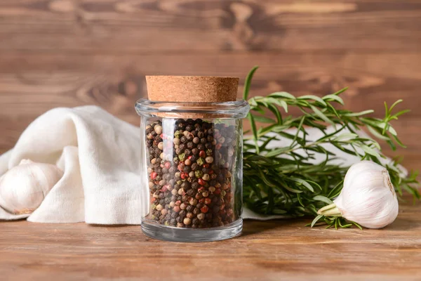 Jar Peppercorns Wooden Background — Stock Photo, Image