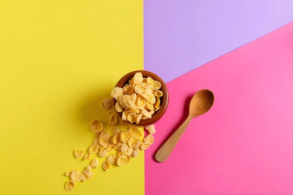 Ciotola Con Gustosi Cornflakes Sfondo Colore — Foto Stock