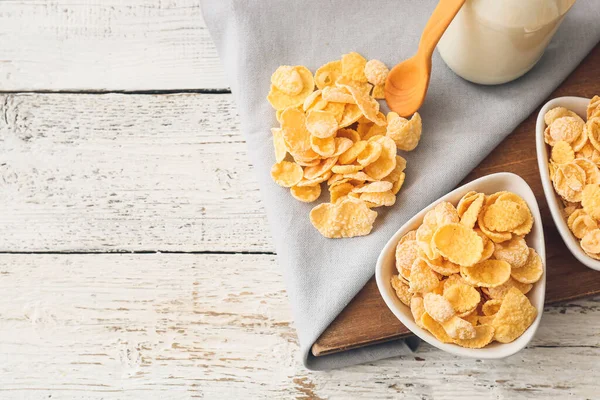 Bowls Tasty Cornflakes Light Wooden Background — Stock Photo, Image