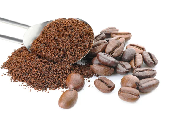 Coffee Beans Spoon Powder White Background — Stock Photo, Image