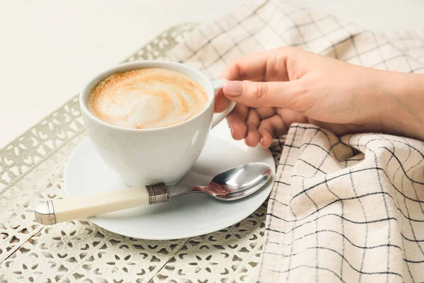 Female Hand Cup Hot Cappuccino Light Background — Stock Photo, Image