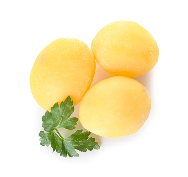 Tasty Boiled Potatoes Parsley White Background — Stock Photo, Image