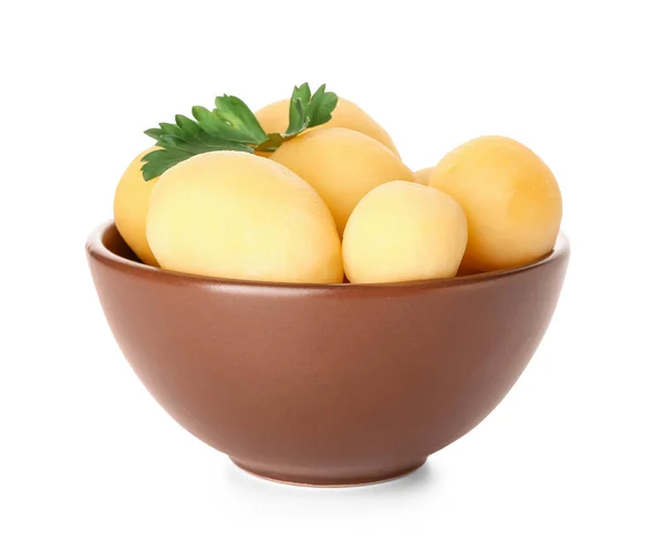 Bowl Tasty Boiled Potatoes Parsley White Background — Stock Photo, Image
