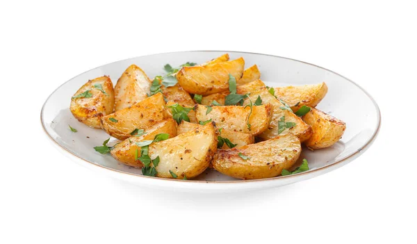Plate Tasty Fried Potatoes Parsley White Background — Stock Photo, Image