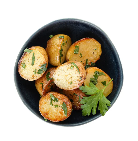 Schaal Van Lekkere Gebakken Aardappelen Met Peterselie Witte Achtergrond — Stockfoto