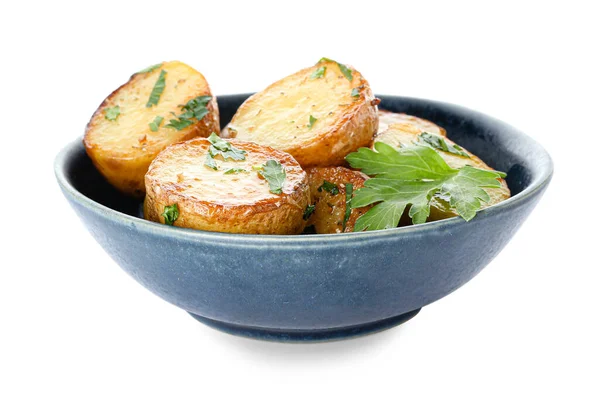 Bowl Tasty Baked Potatoes Parsley White Background — Stock Photo, Image