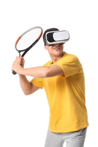 Sporty Young Man Virtual Reality Glasses Playing Tennis White Background — Stock Photo, Image