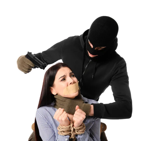 Terrorist Female Hostage White Background — Stock Photo, Image