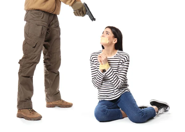 Terrorista Com Refém Fêmea Fundo Branco — Fotografia de Stock