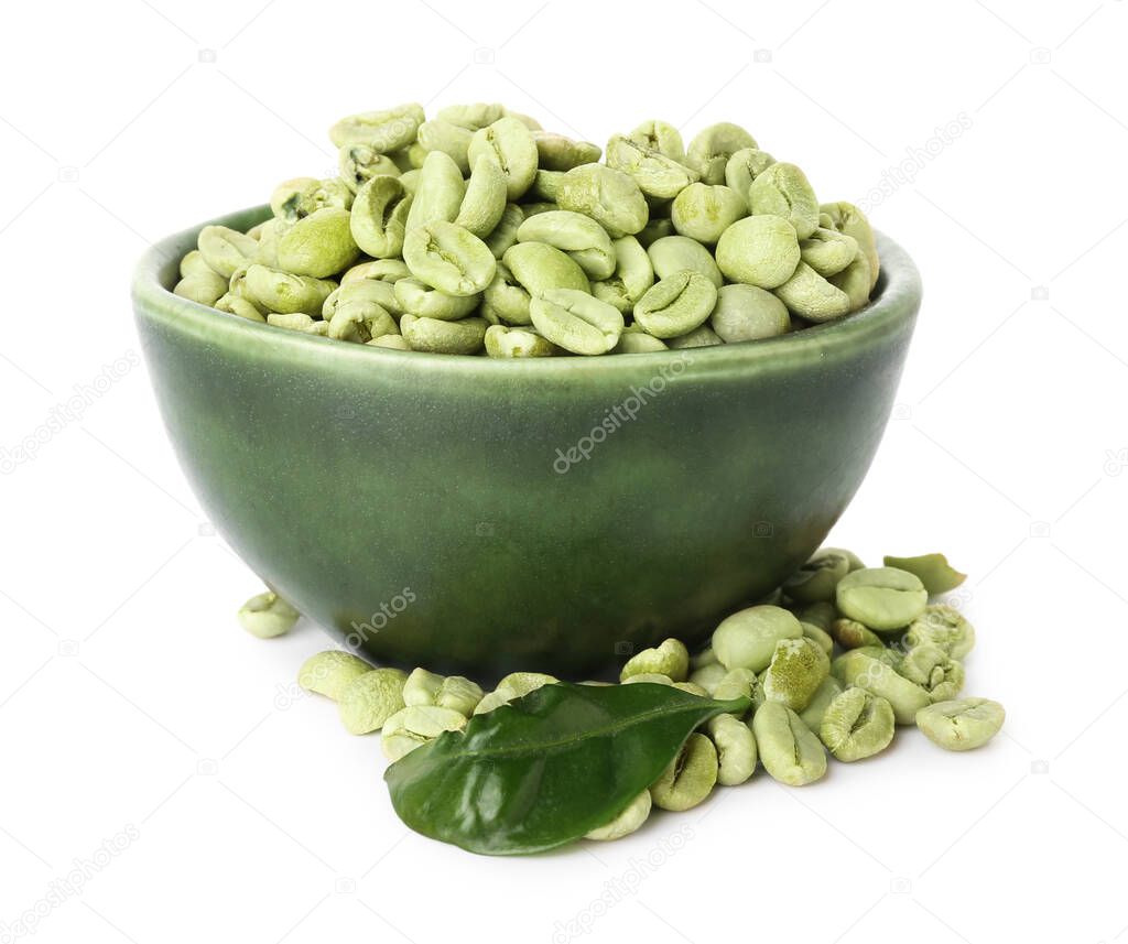 Bowl with green coffee beans on white background