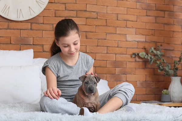 可爱的女孩带着小狗坐在家里的床上 — 图库照片