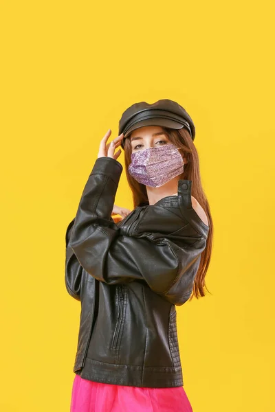 Fashionable Young Woman Wearing Mask Color Background — Stock Photo, Image