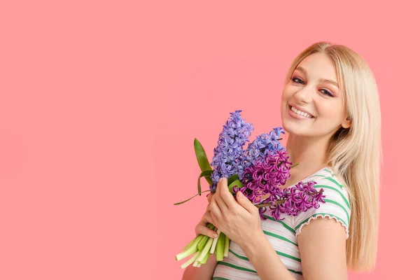 Beautiful Young Woman Hyacinth Flowers Color Background — Stock Photo, Image
