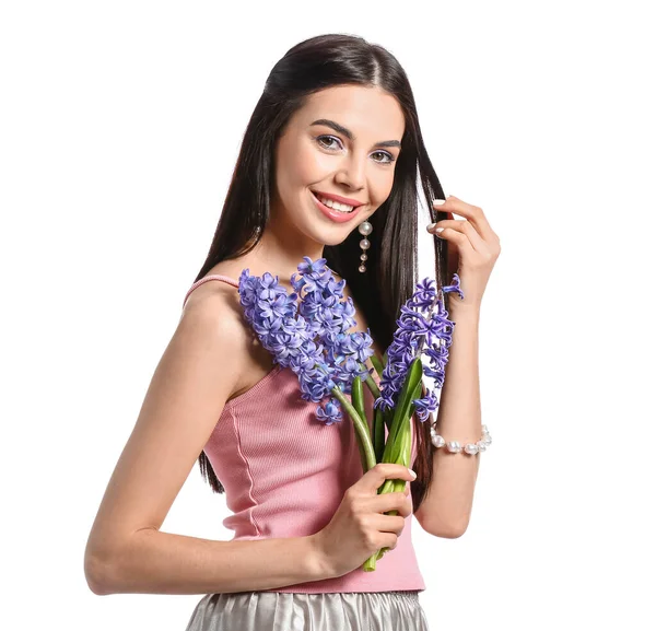 Beautiful Young Woman Hyacinth Flowers White Background — Stock Photo, Image