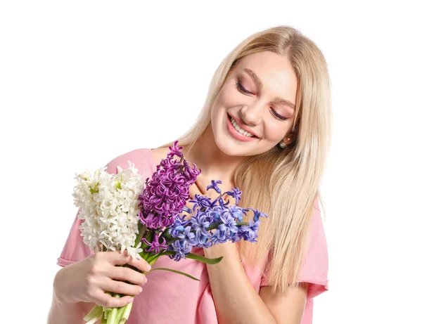 Vacker Ung Kvinna Med Hyacint Blommor Vit Bakgrund — Stockfoto