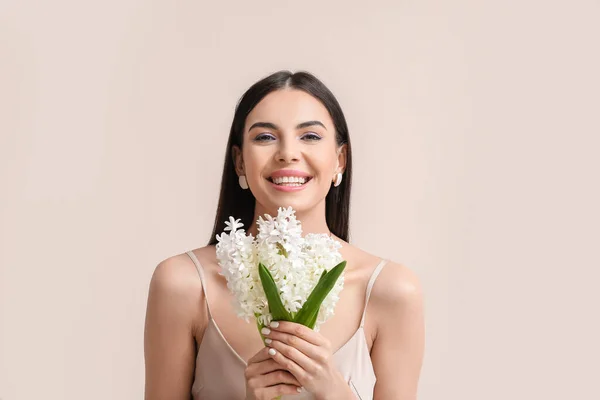 Beautiful Young Woman Hyacinth Flowers Light Background — Stock Photo, Image