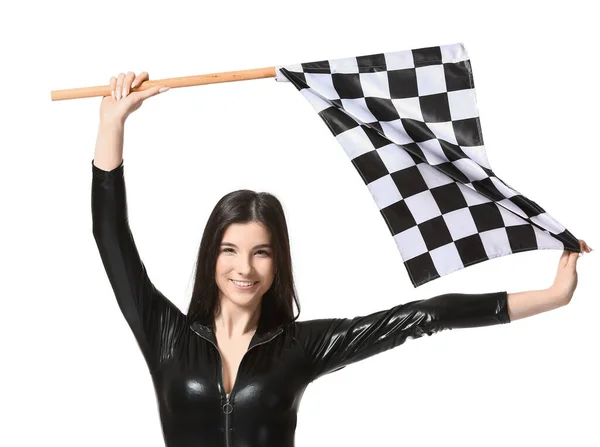 Beautiful Young Woman Racing Flag White Background — Stock Photo, Image