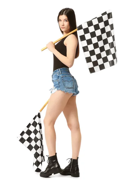 Vacker Ung Kvinna Med Racing Flaggor Vit Bakgrund — Stockfoto