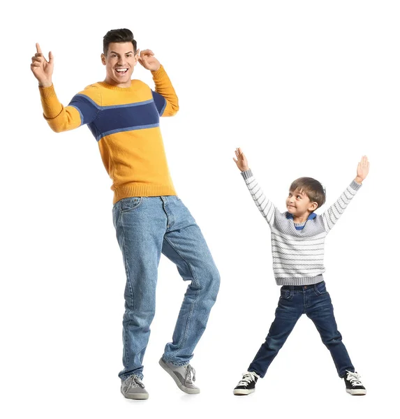 Dancing Father His Little Son White Background — Stok Foto