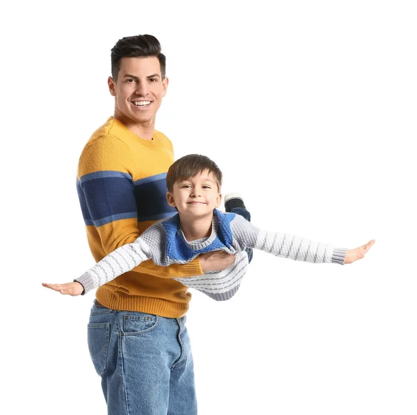 Happy Father His Little Son White Background — Stock Photo, Image