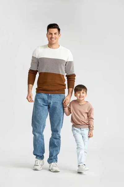 Happy Father His Little Son Light Background — Stock Photo, Image