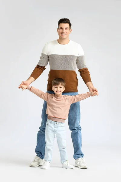 Happy Father His Little Son Light Background — Stock Photo, Image