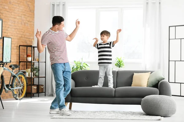 Happy Father His Little Son Dancing Home — Stock Photo, Image