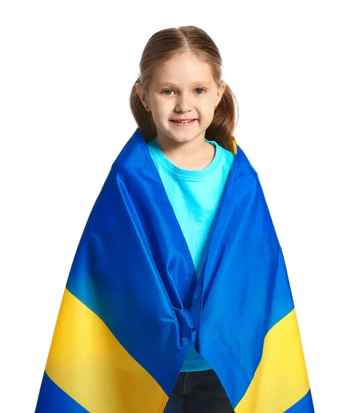 Klein Meisje Met Vlag Van Zweden Witte Achtergrond — Stockfoto