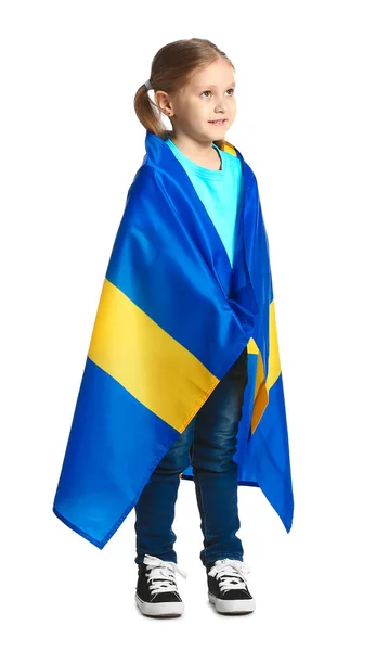 Little Girl Flag Sweden White Background — Stock Photo, Image