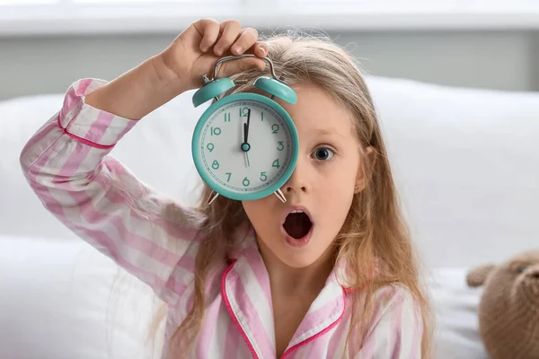 Stressed Little Girl Alarm Clock Bed — Stock Photo, Image