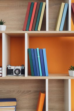 Renk arkaplan üzerine kitap ve dekor içeren raf birimi