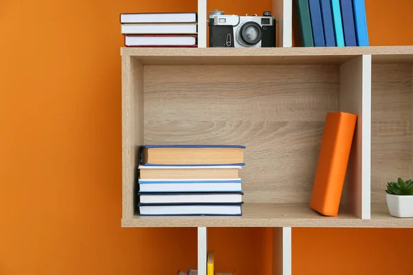 Shelf Unit Books Decor Color Background — Stock Photo, Image