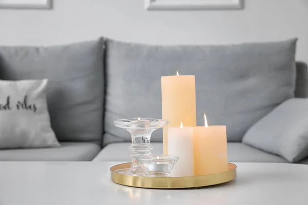 Burning Candles Table Living Room — Stock Photo, Image