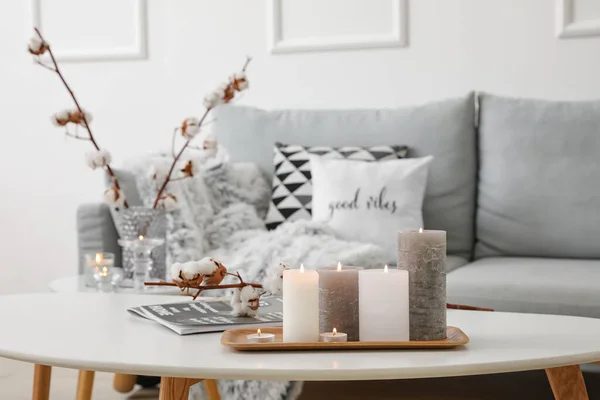 Burning Candles Table Living Room — Stock Photo, Image