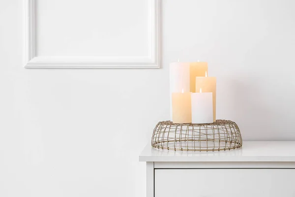 Burning Candles Chest Drawers Light Wall — Stock Photo, Image