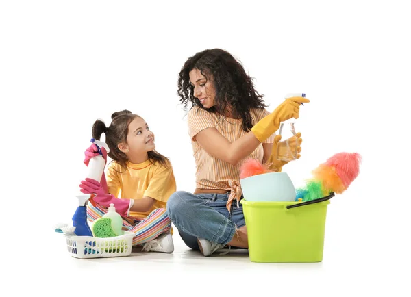 Mother Daughter Cleaning Supplies White Background — Stock Photo, Image