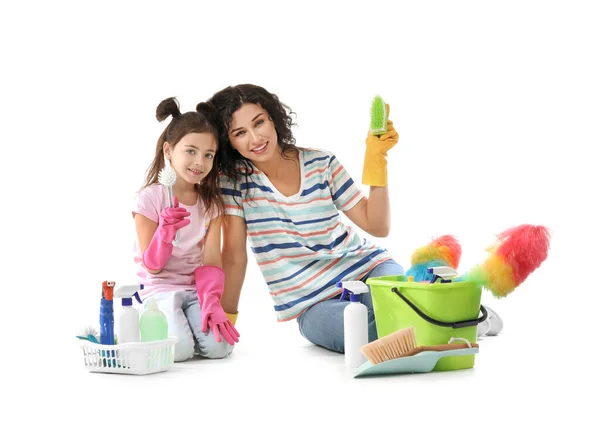 Mother Daughter Cleaning Supplies White Background — Stock Photo, Image