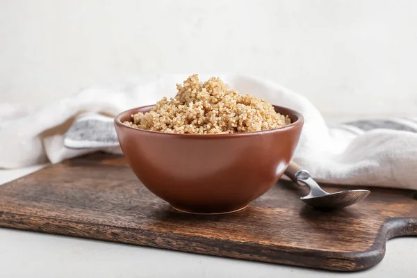 Bowl Tasty Quinoa Spoon Light Background — Stock Photo, Image