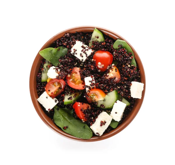 Skål Med Välsmakande Quinoa Sallad Vit Bakgrund — Stockfoto